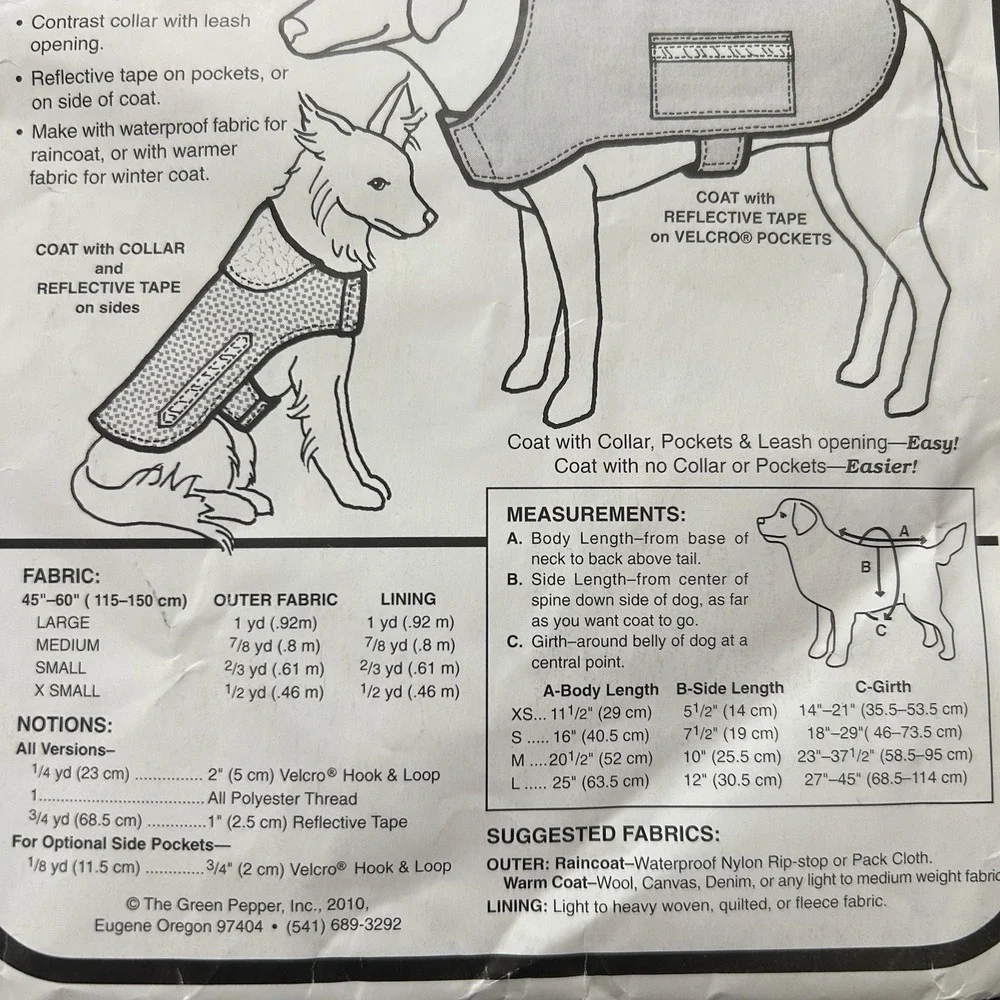 The Green Pepper Quick And‎ Easy Dog Jacket Sewing Pattern XS- L Uncut